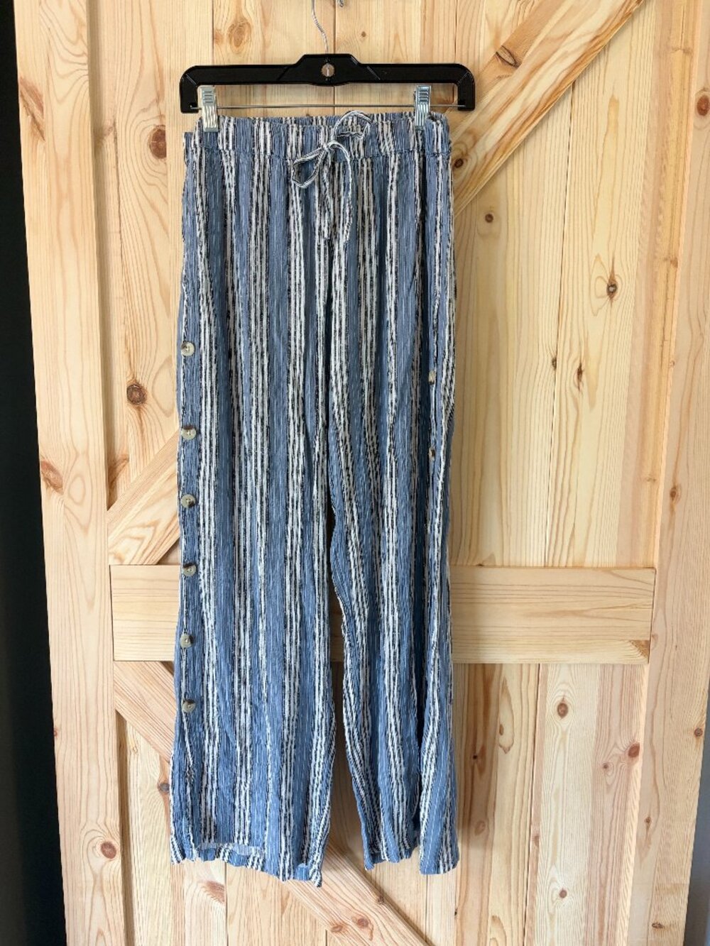 Blue White Striped Wide Leg Pants Boho Drawstring Button Detail